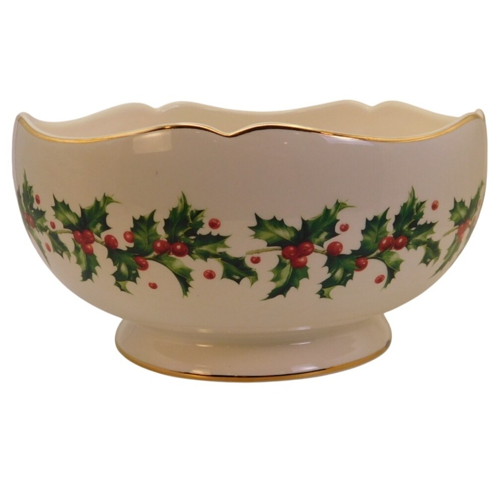 Vintage Lenox Teleflora Christmas Bowl Holly Scalloped With Gold Trim 75th Anniv
